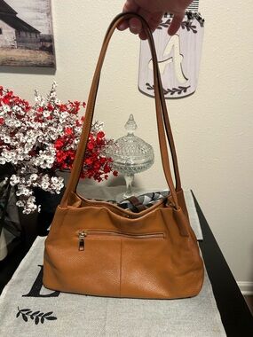 Kattee Tan Leather Shoulder Bag with Front Zip Pocket